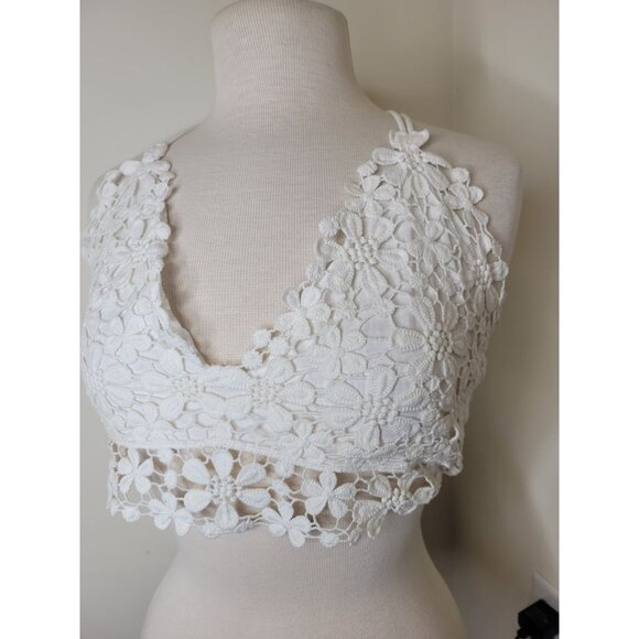 White Lace Floral Halter Crop Top Crisscross Straps By La Miel L y2k 2000s - Picture 2 of 6